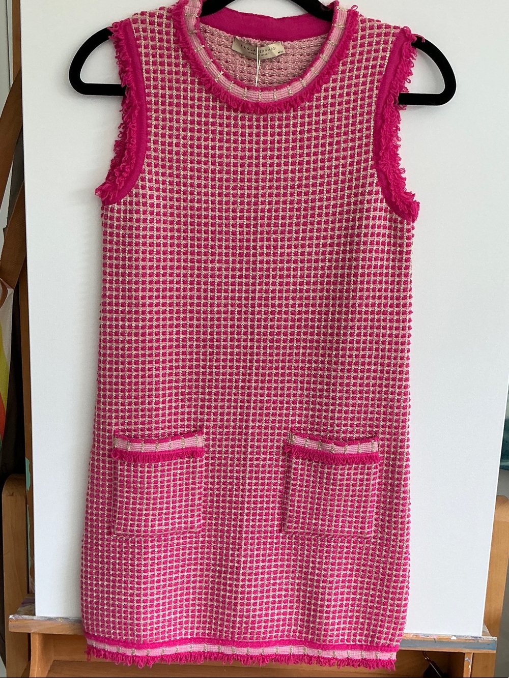 Womens Pink Tweed Sleeveless Shift Dress with Fringe Trim
